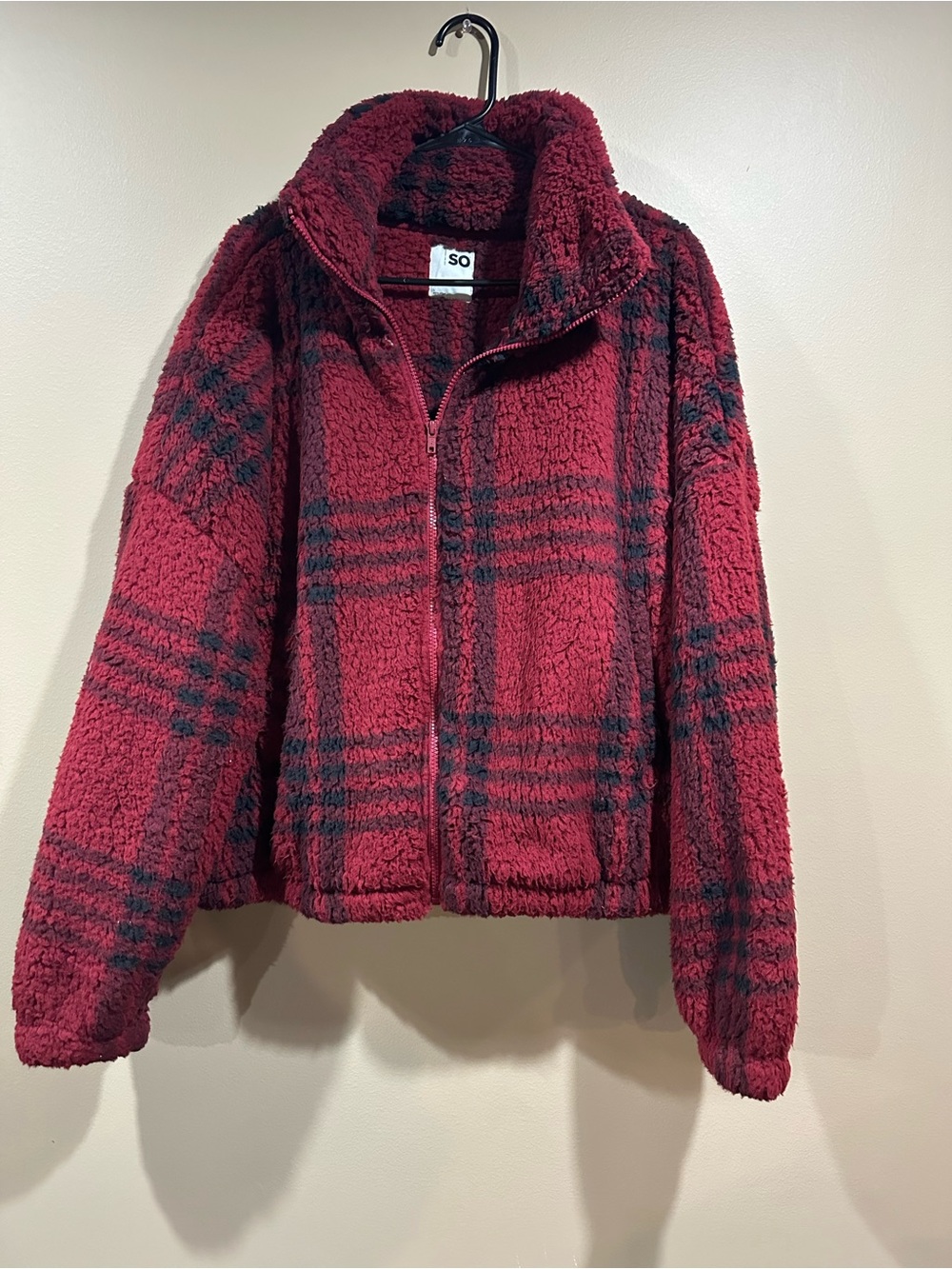 SO Red and Black Plaid Teddy Sherpa Zip Jacket